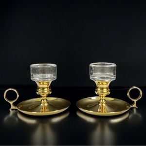Brass Chamberstick Candle Holder‎ With Glass Inset By Baldwin Brass Set Of 2